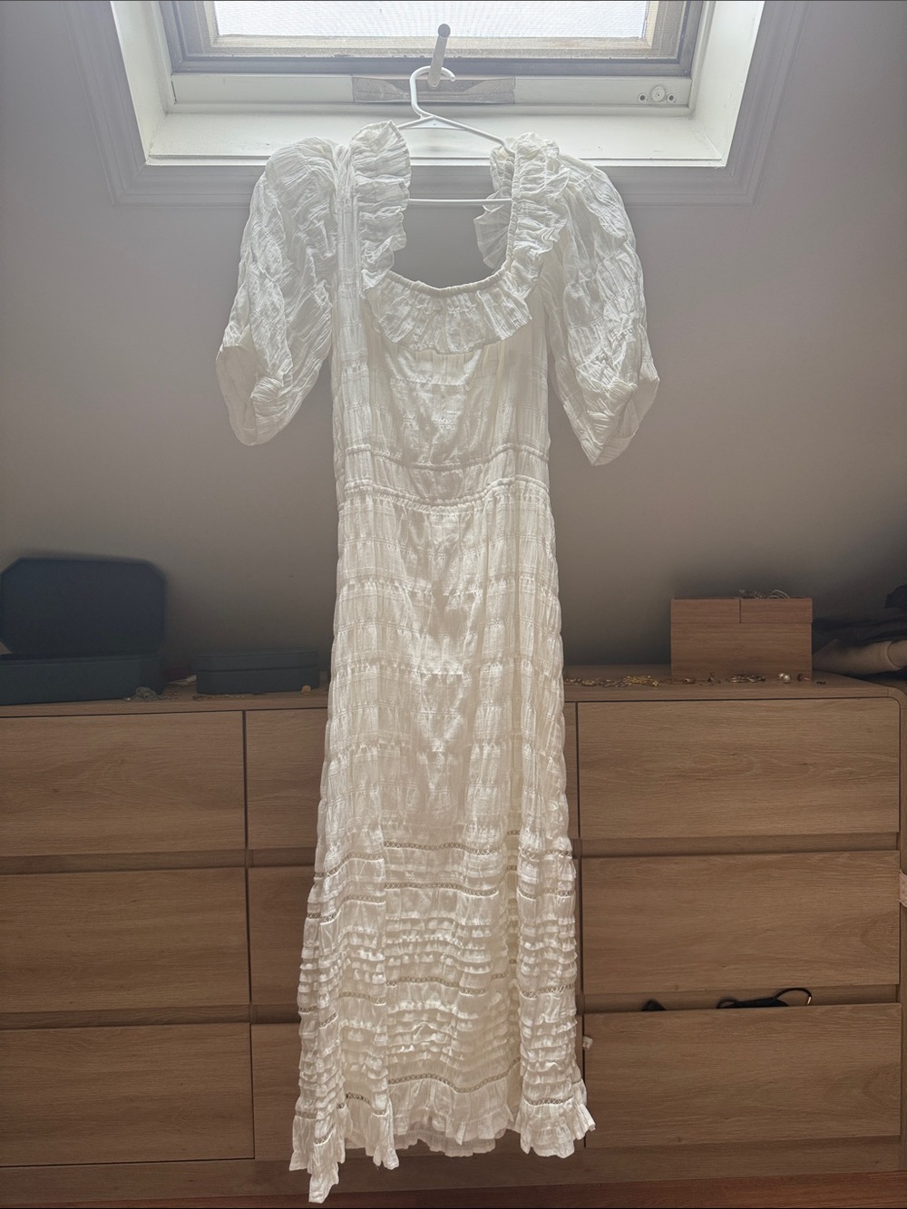 En Saison White Ruffle Maxi Dress with Puff Sleeves